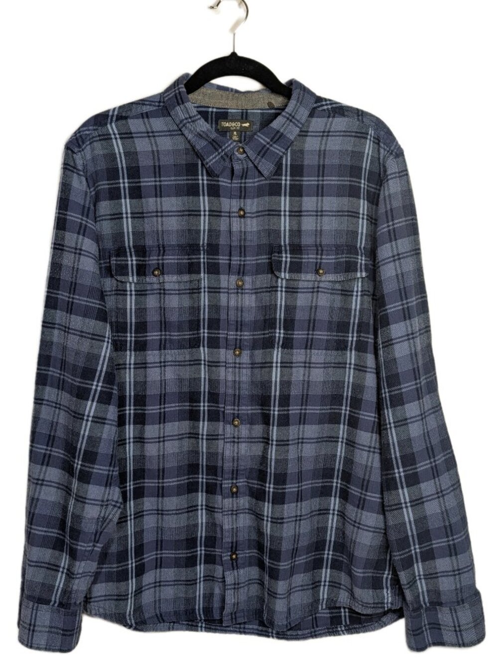 Toad&Co Men's Indigo Blue Plaid Flannel Slim Fit Shirt Organic Cotton XL